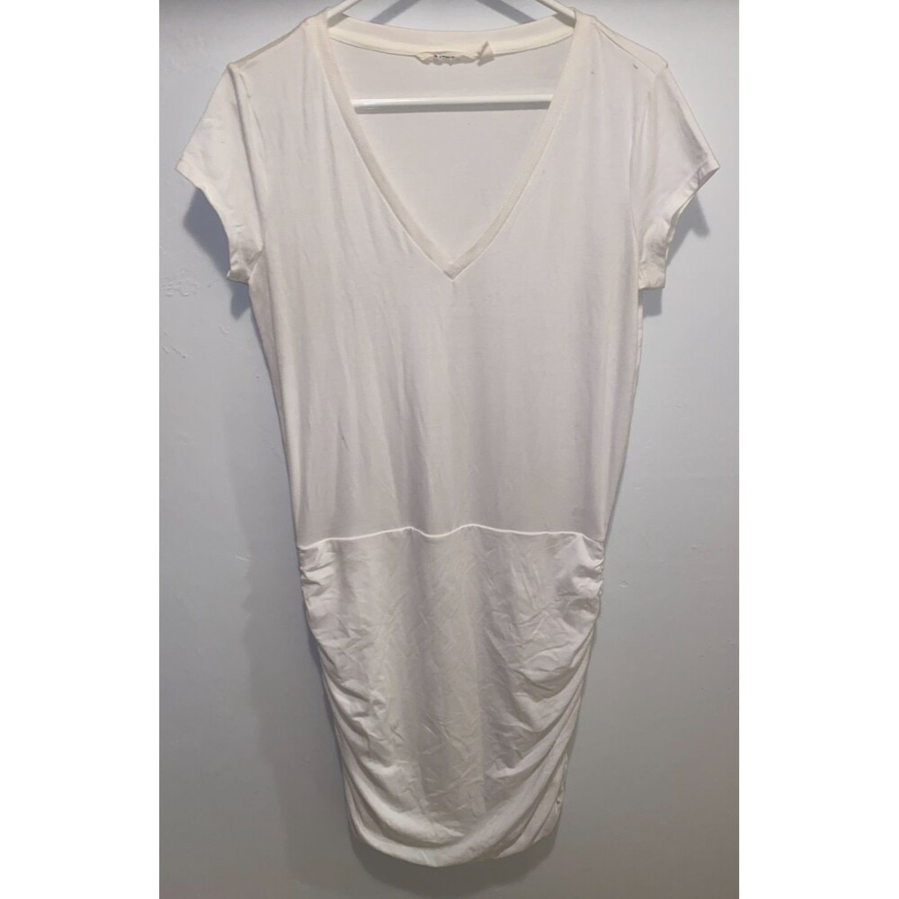 Athleta Tee Dress Sz M White Cotton Stretch Athletic Ruched short sleeve V-neck